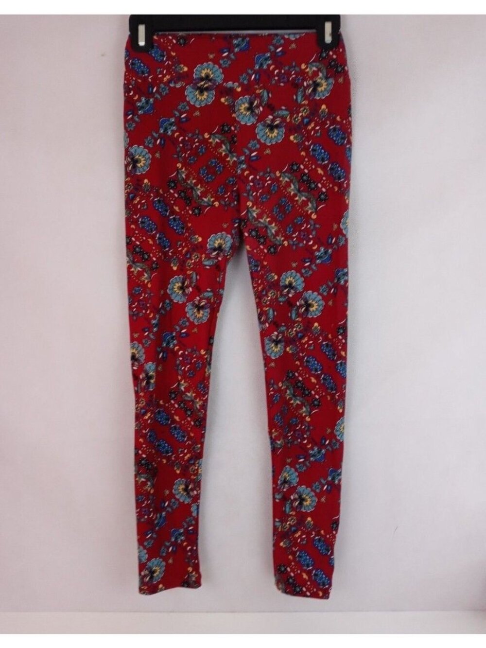 LuLaRoe OS Leggings Wine With Blue & Yellow Floral Designs